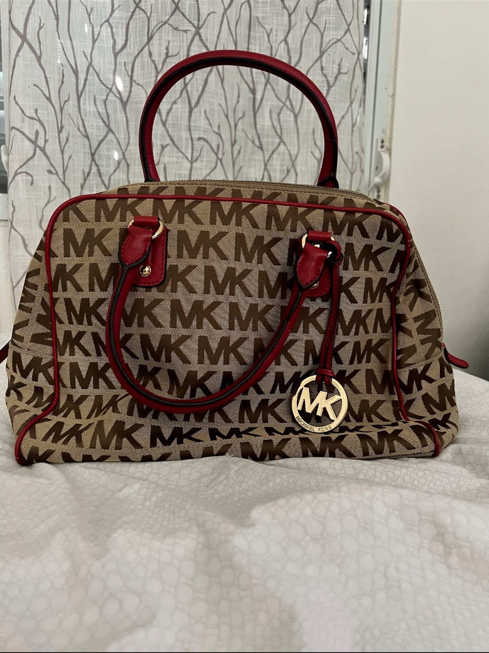 Michael Kors Brown MK Monogram Satchel with Red Trim